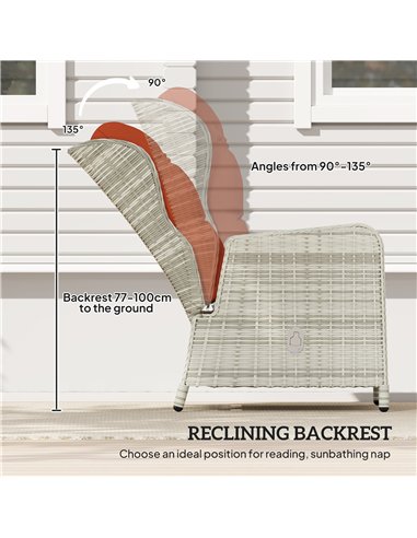 Outsunny 5 Pieces Rattan Bistro Set with Adjustable Back, Reclining Wicker Balcony Furniture with Cushions, Glass Top Coffee Tab