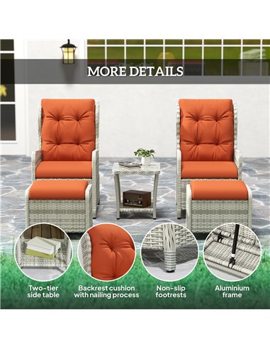 Outsunny 5 Pieces Rattan Bistro Set with Adjustable Back, Reclining Wicker Balcony Furniture with Cushions, Glass Top Coffee Tab