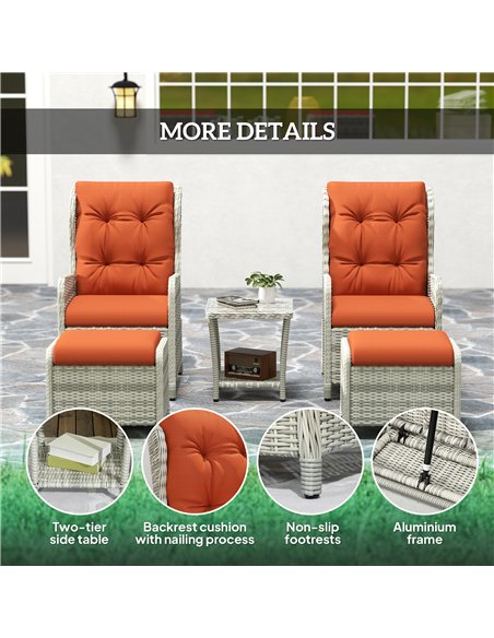 Outsunny 5 Pieces Rattan Bistro Set with Adjustable Back, Reclining Wicker Balcony Furniture with Cushions, Glass Top Coffee Tab - pic 122481 | FastDaddyshop