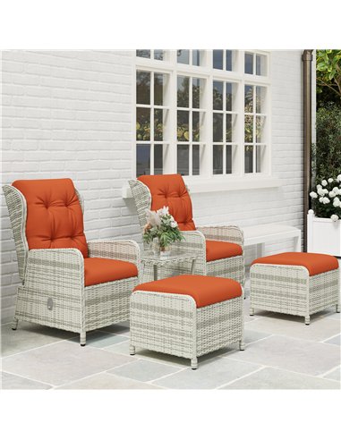 Outsunny 5 Pieces Rattan Bistro Set with Adjustable Back, Reclining Wicker Balcony Furniture with Cushions, Glass Top Coffee Tab