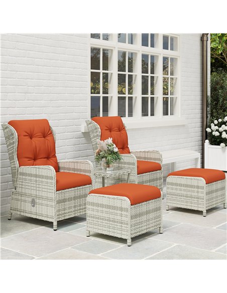 Outsunny 5 Pieces Rattan Bistro Set with Adjustable Back, Reclining Wicker Balcony Furniture with Cushions, Glass Top Coffee Tab - pic 122482 | FastDaddyshop