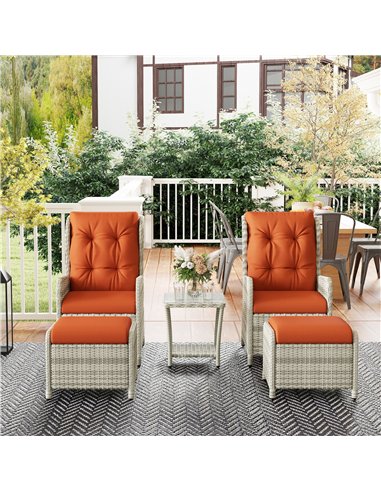 Outsunny 5 Pieces Rattan Bistro Set with Adjustable Back, Reclining Wicker Balcony Furniture with Cushions, Glass Top Coffee Tab