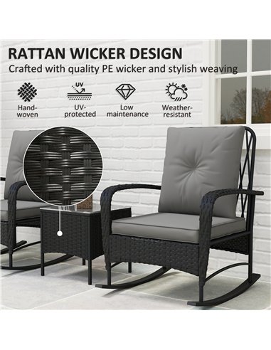 Outsunny Three-Piece Rocking Chair Rattan Bistro Set - Black