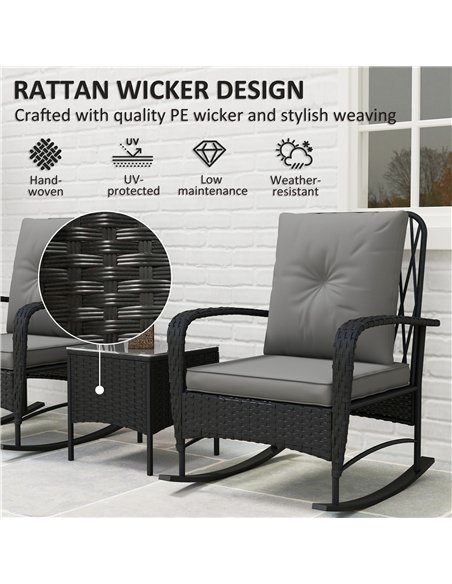 Outsunny Three-Piece Rocking Chair Rattan Bistro Set - Black - pic 122488 | FastDaddyshop