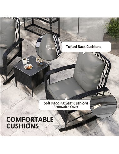 Outsunny Three-Piece Rocking Chair Rattan Bistro Set - Black