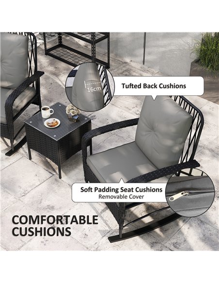 Outsunny Three-Piece Rocking Chair Rattan Bistro Set - Black - pic 122489 | FastDaddyshop