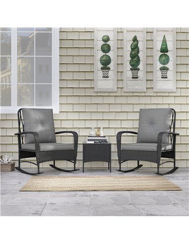 Outsunny Three-Piece Rocking Chair Rattan Bistro Set - Black