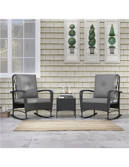Outsunny Three-Piece Rocking Chair Rattan Bistro Set - Black - pic 122492 | FastDaddyshop