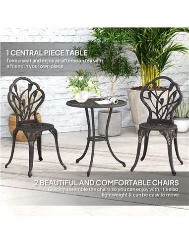 Outsunny 3 Piece Patio Bistro Set for 2, Outdoor Aluminium Garden Table and Chairs with Umbrella Hole for Balcony, Bronze Tone