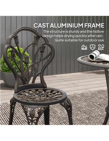 Outsunny 3 Piece Patio Bistro Set for 2, Outdoor Aluminium Garden Table and Chairs with Umbrella Hole for Balcony, Bronze Tone