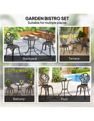 Outsunny 3 Piece Patio Bistro Set for 2, Outdoor Aluminium Garden Table and Chairs with Umbrella Hole for Balcony, Bronze Tone