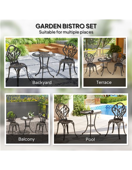 Outsunny 3 Piece Patio Bistro Set for 2, Outdoor Aluminium Garden Table and Chairs with Umbrella Hole for Balcony, Bronze Tone - pic 122507 | FastDaddyshop