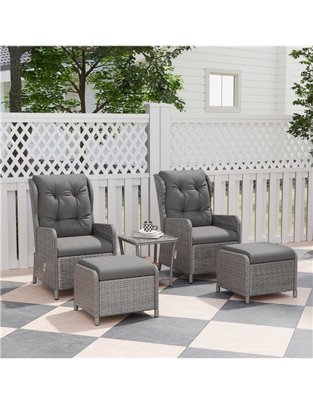 Outsunny 5 Pieces Rattan Bistro Set with Adjustable Back, Reclining Wicker Balcony Furniture with Cushions, Glass Top Coffee Tab - pic 122512 | FastDaddyshop