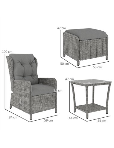 Outsunny 5 Pieces Rattan Bistro Set with Adjustable Back, Reclining Wicker Balcony Furniture with Cushions, Glass Top Coffee Tab