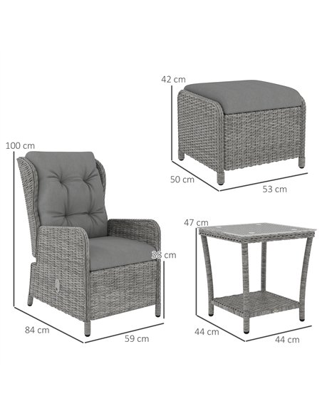 Outsunny 5 Pieces Rattan Bistro Set with Adjustable Back, Reclining Wicker Balcony Furniture with Cushions, Glass Top Coffee Tab - pic 122513 | FastDaddyshop