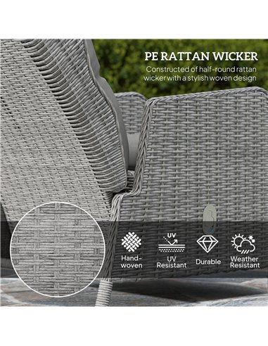 Outsunny 5 Pieces Rattan Bistro Set with Adjustable Back, Reclining Wicker Balcony Furniture with Cushions, Glass Top Coffee Tab