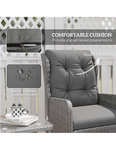 Outsunny 5 Pieces Rattan Bistro Set with Adjustable Back, Reclining Wicker Balcony Furniture with Cushions, Glass Top Coffee Tab