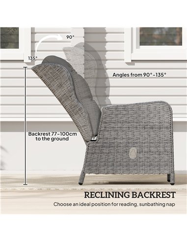 Outsunny 5 Pieces Rattan Bistro Set with Adjustable Back, Reclining Wicker Balcony Furniture with Cushions, Glass Top Coffee Tab