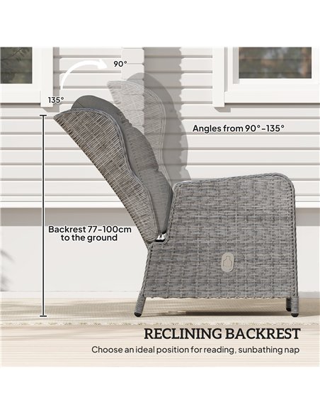 Outsunny 5 Pieces Rattan Bistro Set with Adjustable Back, Reclining Wicker Balcony Furniture with Cushions, Glass Top Coffee Tab - pic 122516 | FastDaddyshop