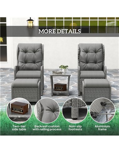 Outsunny 5 Pieces Rattan Bistro Set with Adjustable Back, Reclining Wicker Balcony Furniture with Cushions, Glass Top Coffee Tab