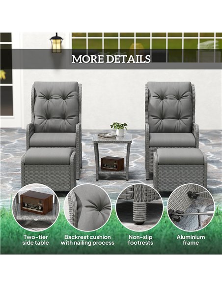 Outsunny 5 Pieces Rattan Bistro Set with Adjustable Back, Reclining Wicker Balcony Furniture with Cushions, Glass Top Coffee Tab - pic 122517 | FastDaddyshop