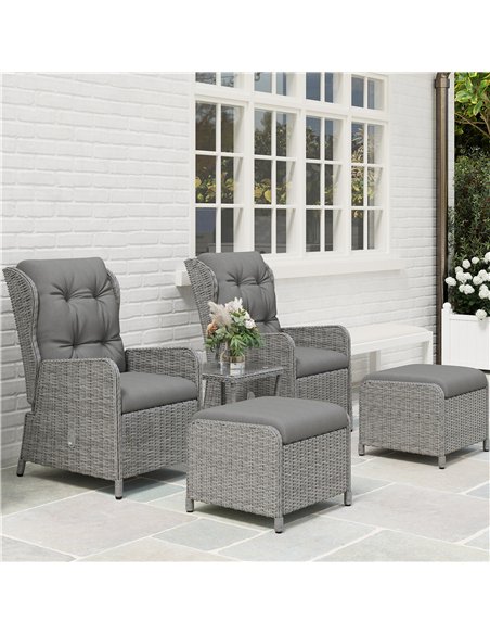 Outsunny 5 Pieces Rattan Bistro Set with Adjustable Back, Reclining Wicker Balcony Furniture with Cushions, Glass Top Coffee Tab - pic 122518 | FastDaddyshop