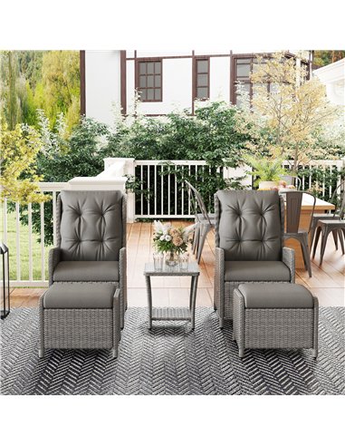 Outsunny 5 Pieces Rattan Bistro Set with Adjustable Back, Reclining Wicker Balcony Furniture with Cushions, Glass Top Coffee Tab