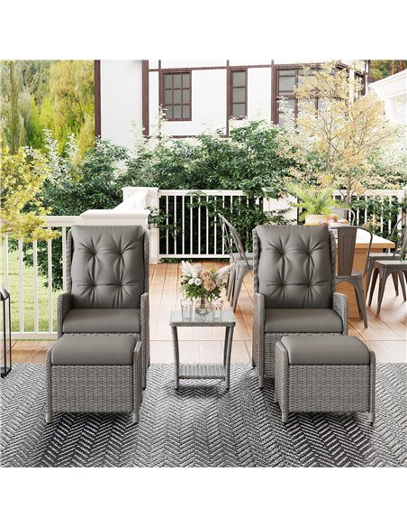 Outsunny 5 Pieces Rattan Bistro Set with Adjustable Back, Reclining Wicker Balcony Furniture with Cushions, Glass Top Coffee Tab - pic 122519 | FastDaddyshop