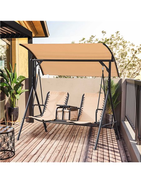 Outsunny 2-Seater Swing Chair Steel Frame Adjustable Canopy Texteline Garden Swing Seat w/ Middle Table Cup Holders Heavy Duty O - pic 12253 | FastDaddyshop