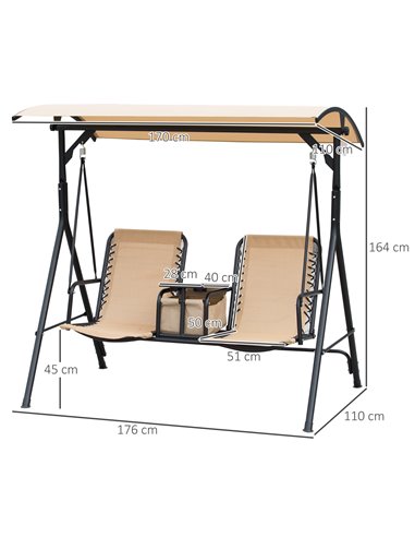 Outsunny 2-Seater Swing Chair Steel Frame Adjustable Canopy Texteline Garden Swing Seat w/ Middle Table Cup Holders Heavy Duty O