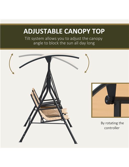 Outsunny 2-Seater Swing Chair Steel Frame Adjustable Canopy Texteline Garden Swing Seat w/ Middle Table Cup Holders Heavy Duty O - pic 12255 | FastDaddyshop