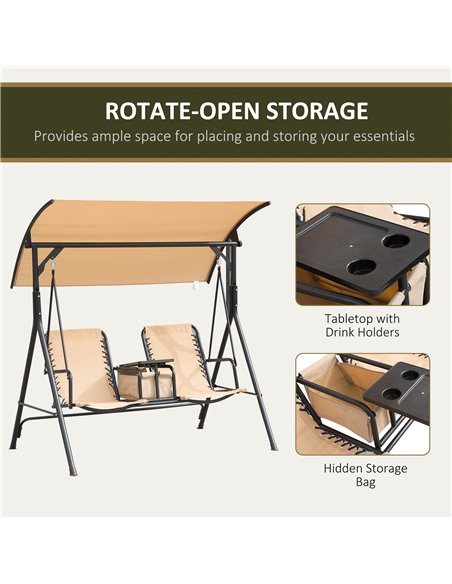 Outsunny 2-Seater Swing Chair Steel Frame Adjustable Canopy Texteline Garden Swing Seat w/ Middle Table Cup Holders Heavy Duty O - pic 12257 | FastDaddyshop