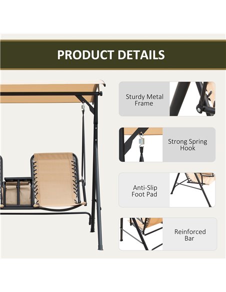 Outsunny 2-Seater Swing Chair Steel Frame Adjustable Canopy Texteline Garden Swing Seat w/ Middle Table Cup Holders Heavy Duty O - pic 12258 | FastDaddyshop