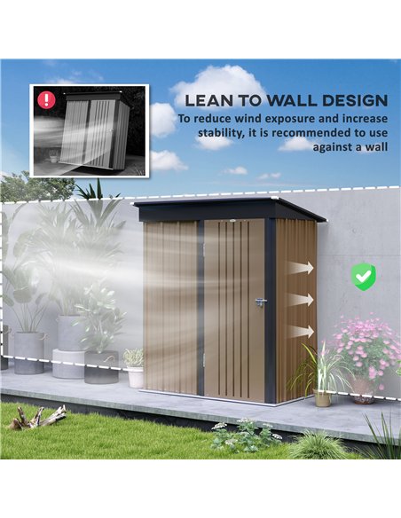 Outsunny Metal Garden Shed, Outdoor Lean-to Shed for Tool Motor Bike, with Adjustable Shelf, Lock, Gloves, 5'x3'x6', Brown - pic 122597 | FastDaddyshop