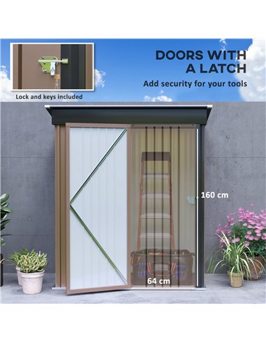 Outsunny Metal Garden Shed, Outdoor Lean-to Shed for Tool Motor Bike, with Adjustable Shelf, Lock, Gloves, 5'x3'x6', Brown