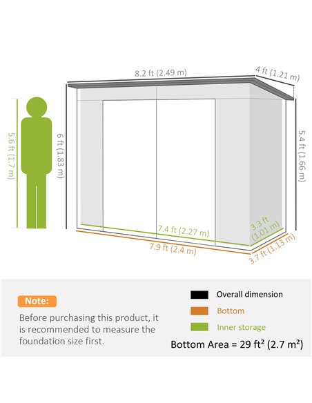 Outsunny 3.7 x 7.9ft Galvanised Steel Shed, with Latched Door and Padlock - Light Grey - pic 122603 | FastDaddyshop