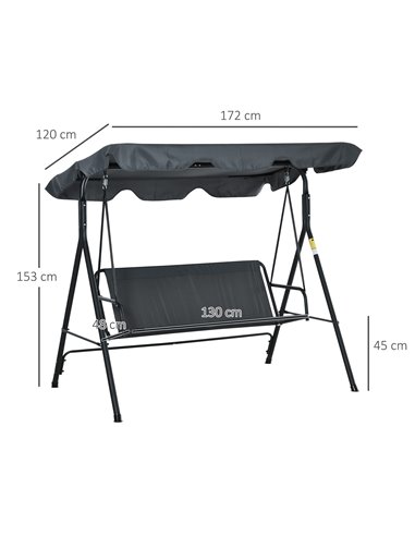 Outsunny 3 Seater Canopy Swing Chair Garden Rocking Bench Heavy Duty Patio Metal Seat w/ Top Roof - Dark Grey