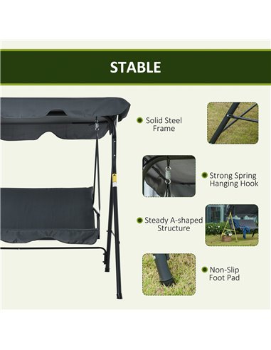 Outsunny 3 Seater Canopy Swing Chair Garden Rocking Bench Heavy Duty Patio Metal Seat w/ Top Roof - Dark Grey