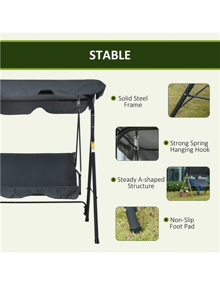 Outsunny 3 Seater Canopy Swing Chair Garden Rocking Bench Heavy Duty Patio Metal Seat w/ Top Roof - Dark Grey - pic 12264 | FastDaddyshop