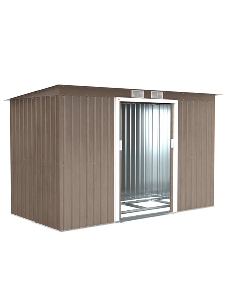Outsunny 9ft x 4ft Metal Garden Shed, Outdoor Tool House with Foundation Kit, Ventilations and Double Doors, Light Grey Wood Gra - pic 122646 | FastDaddyshop