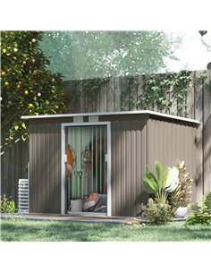 Outsunny 9ft x 4ft Metal Garden Shed, Outdoor Tool House with Foundation Kit, Ventilations and Double Doors, Light Grey Wood Gra 2