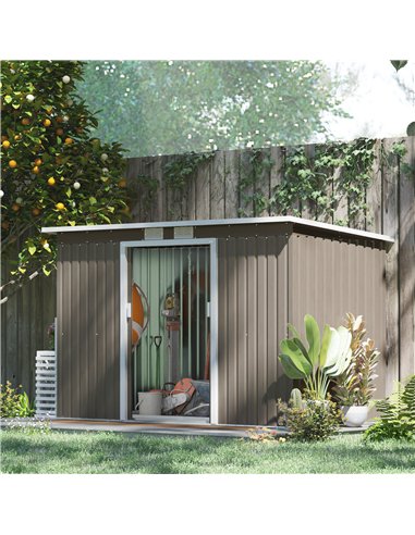 Outsunny 9ft x 4ft Metal Garden Shed, Outdoor Tool House with Foundation Kit, Ventilations and Double Doors, Light Grey Wood Gra