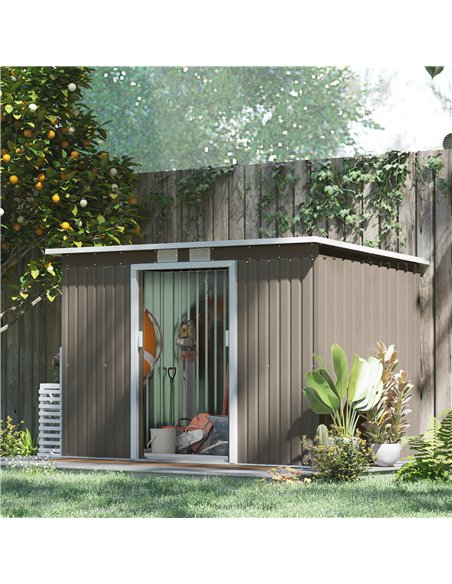 Outsunny 9ft x 4ft Metal Garden Shed, Outdoor Tool House with Foundation Kit, Ventilations and Double Doors, Light Grey Wood Gra - pic 122647 | FastDaddyshop