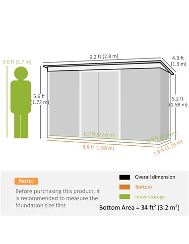 Outsunny 9ft x 4ft Metal Garden Shed, Outdoor Tool House with Foundation Kit, Ventilations and Double Doors, Light Grey Wood Gra