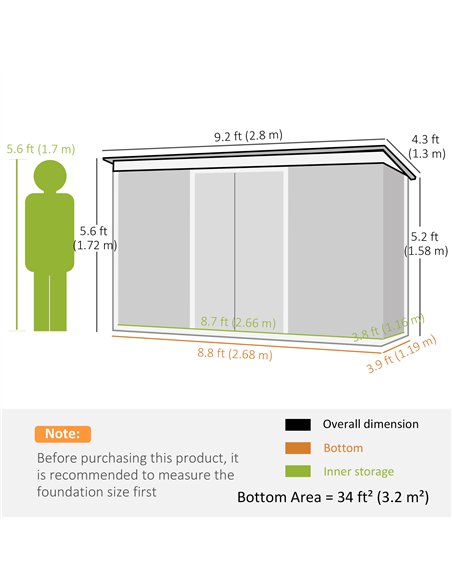 Outsunny 9ft x 4ft Metal Garden Shed, Outdoor Tool House with Foundation Kit, Ventilations and Double Doors, Light Grey Wood Gra - pic 122648 | FastDaddyshop