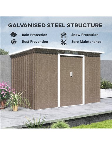 Outsunny 9ft x 4ft Metal Garden Shed, Outdoor Tool House with Foundation Kit, Ventilations and Double Doors, Light Grey Wood Gra