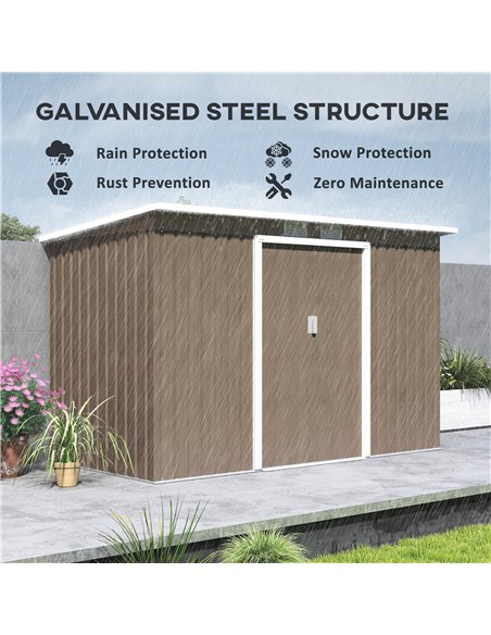 Outsunny 9ft x 4ft Metal Garden Shed, Outdoor Tool House with Foundation Kit, Ventilations and Double Doors, Light Grey Wood Gra - pic 122649 | FastDaddyshop