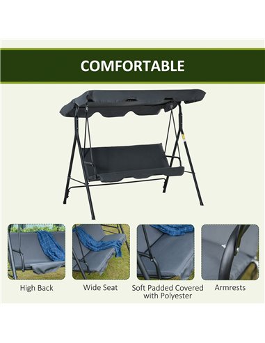 Outsunny 3 Seater Canopy Swing Chair Garden Rocking Bench Heavy Duty Patio Metal Seat w/ Top Roof - Dark Grey