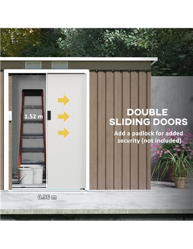 Outsunny 9ft x 4ft Metal Garden Shed, Outdoor Tool House with Foundation Kit, Ventilations and Double Doors, Light Grey Wood Gra