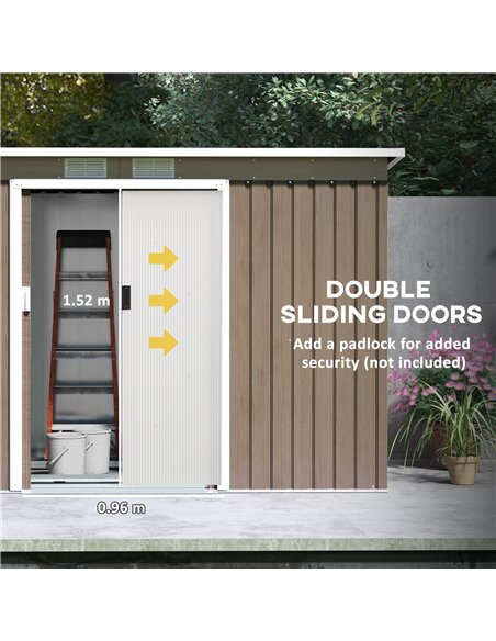 Outsunny 9ft x 4ft Metal Garden Shed, Outdoor Tool House with Foundation Kit, Ventilations and Double Doors, Light Grey Wood Gra - pic 122650 | FastDaddyshop